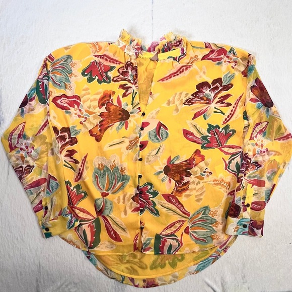 Pilcro Tops - Pilcro Anthropologie Yellow Floral Blouse XL Sheer Button Front Long Sleeve